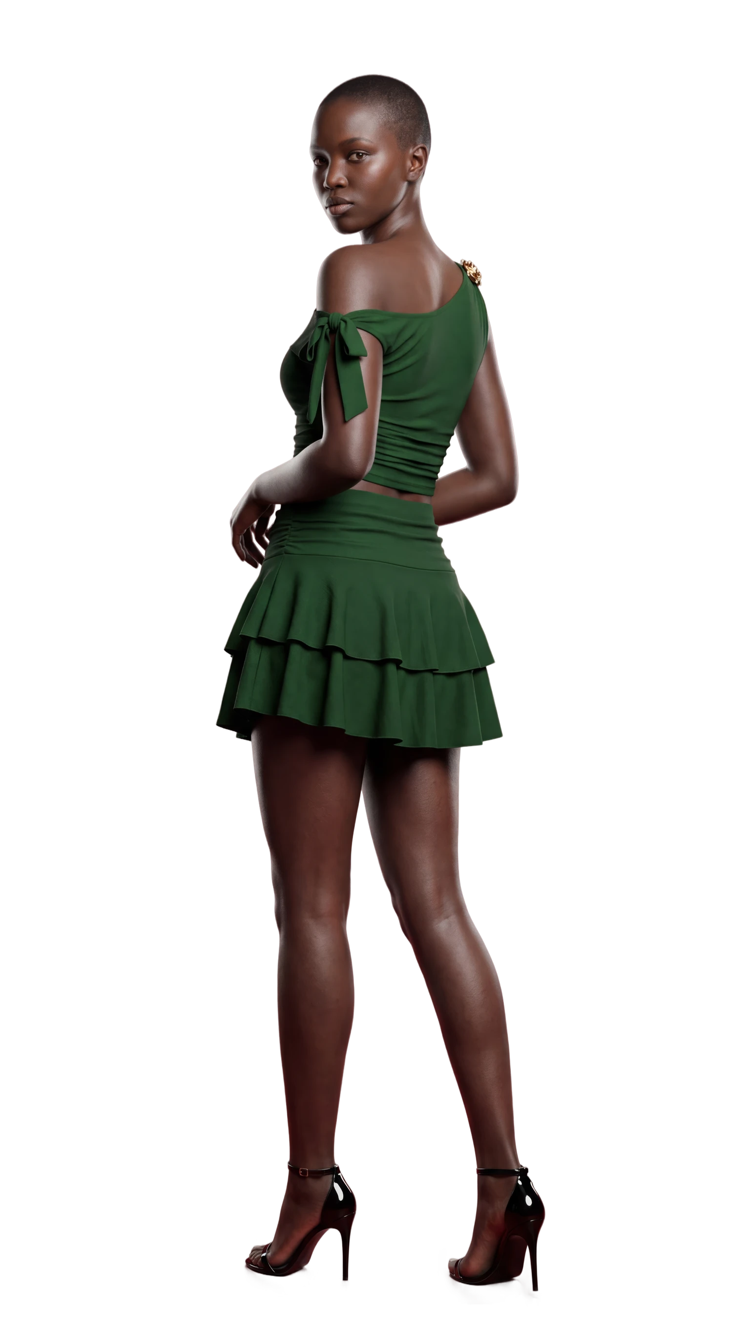 AI generated professional fashion photography of a black female model in a stylish green two-piece outfit - Stylic AI